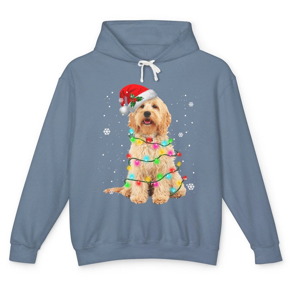 Merry Christmas Golden Doodle Dog Santa Hat Xmas Tree Lights Unisex Lightweight Hoodie