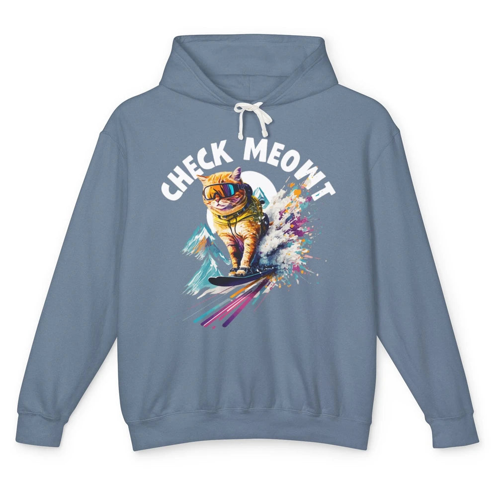 Funny Skiing Skier Check Meowt Humor Orange Cat Watercolor Unisex Lightweight Hoodie