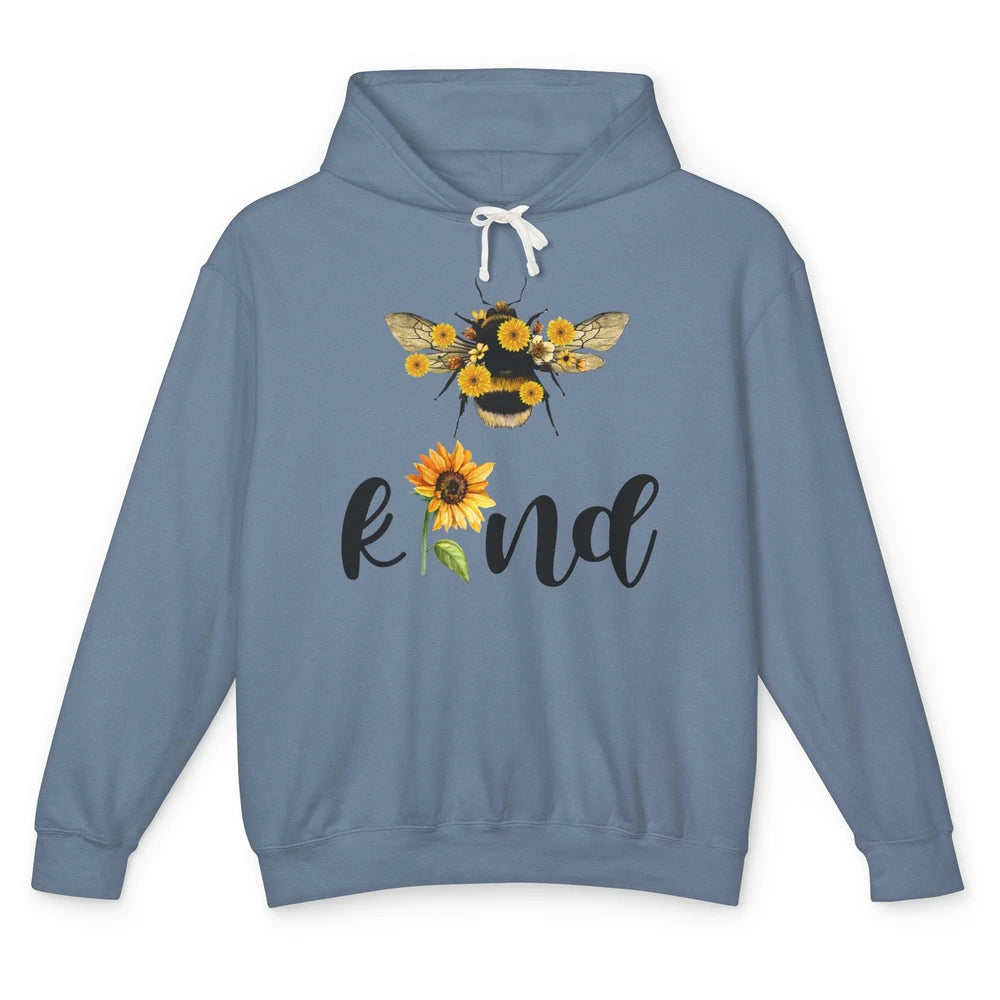 Bee Kind Be Cute Graphic Sunflower Inspirational Sayings Unisex Lightweight Hoodie