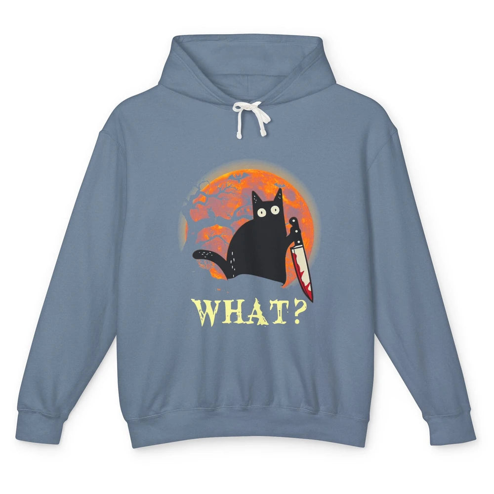 Black Cat With Knife Murderous Cat What Halloween Night Moon Unisex Lightweight Hoodie