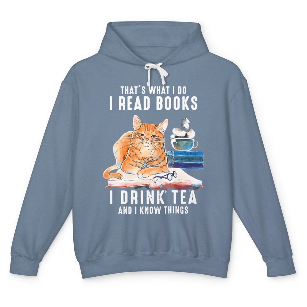 Funny That What I Do I Read Books Drink Tea And I Know Things Sarcastic Orange Cat Book Reader Kitten Bookworm Unisex Lightweight Hoodie