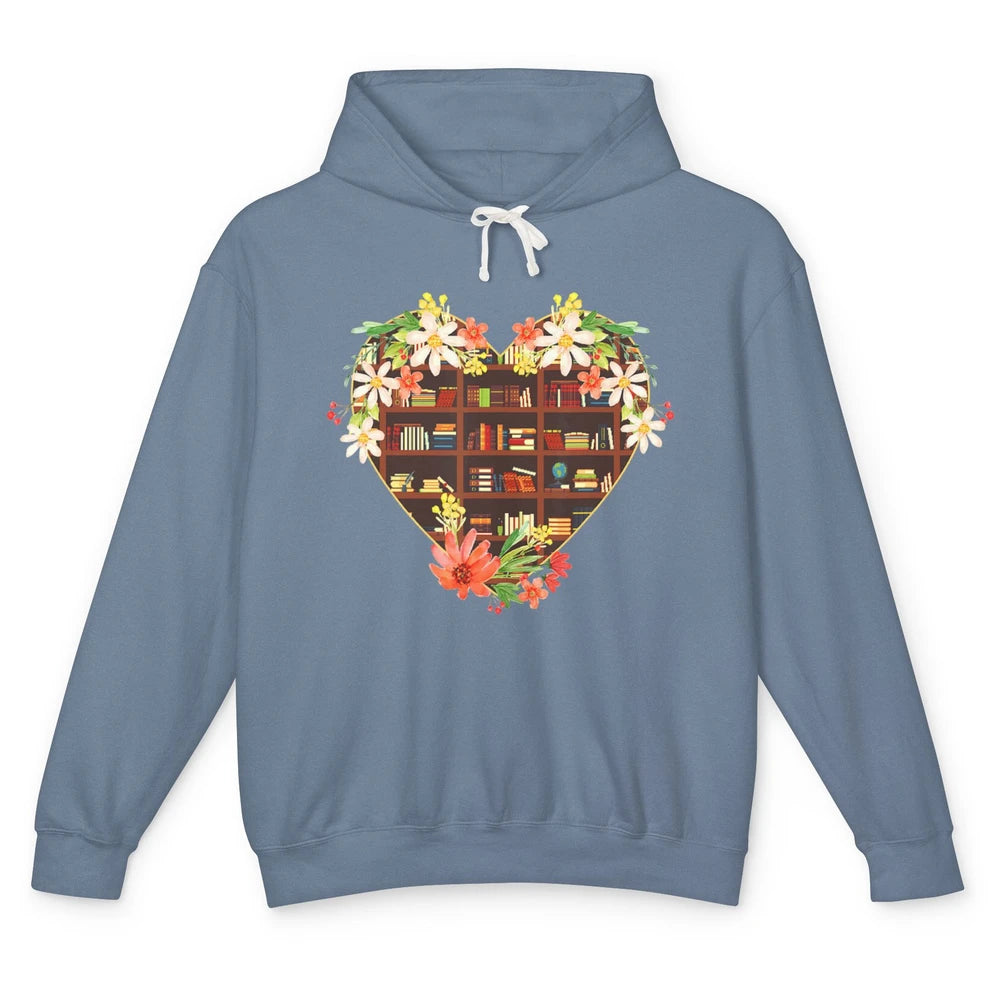 Bookshelf Heart Reading Book Floral Librarian Library Books Unisex Lightweight Hoodie