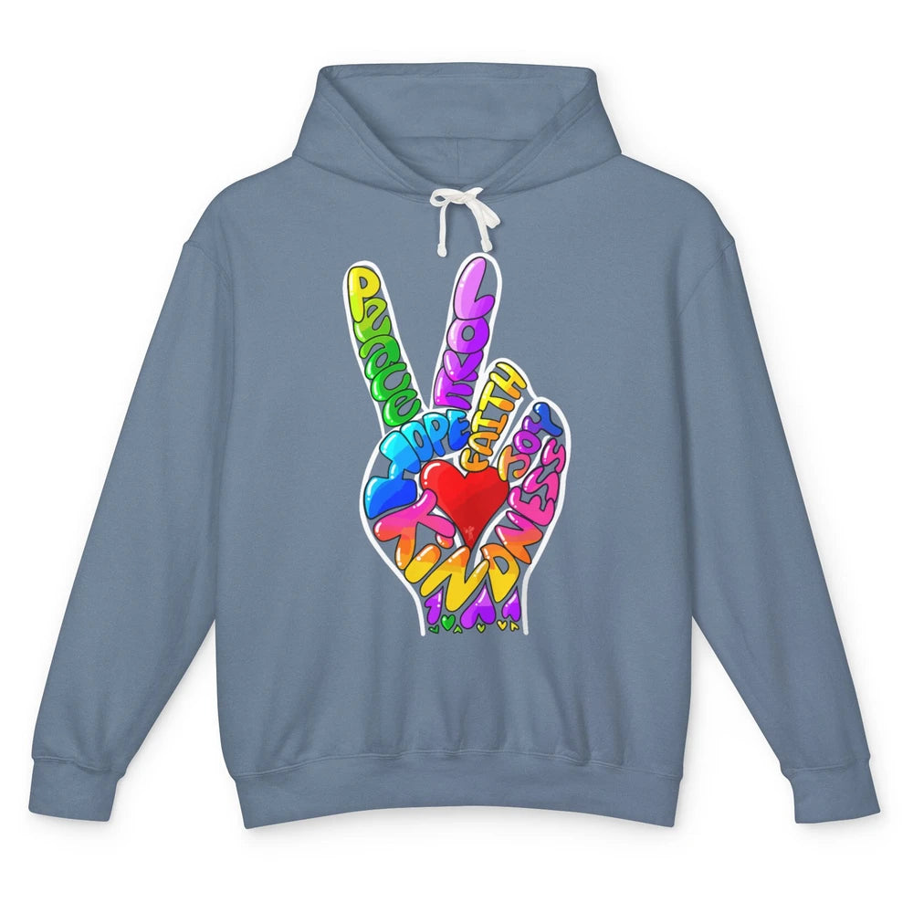 Peace Love Hope Joy Faith Kindness Word Christian Religious Unisex Lightweight Hoodie