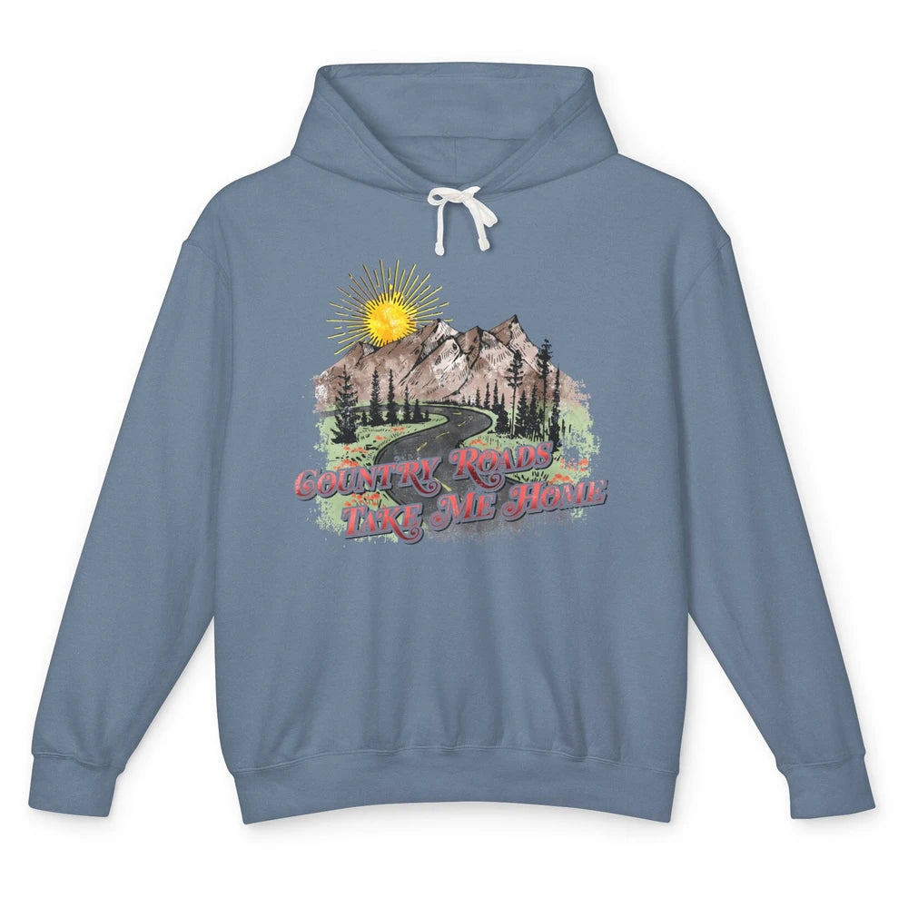 Retro Mountain Sunset Country Roads Take Me Home Western Unisex Lightweight Hoodie