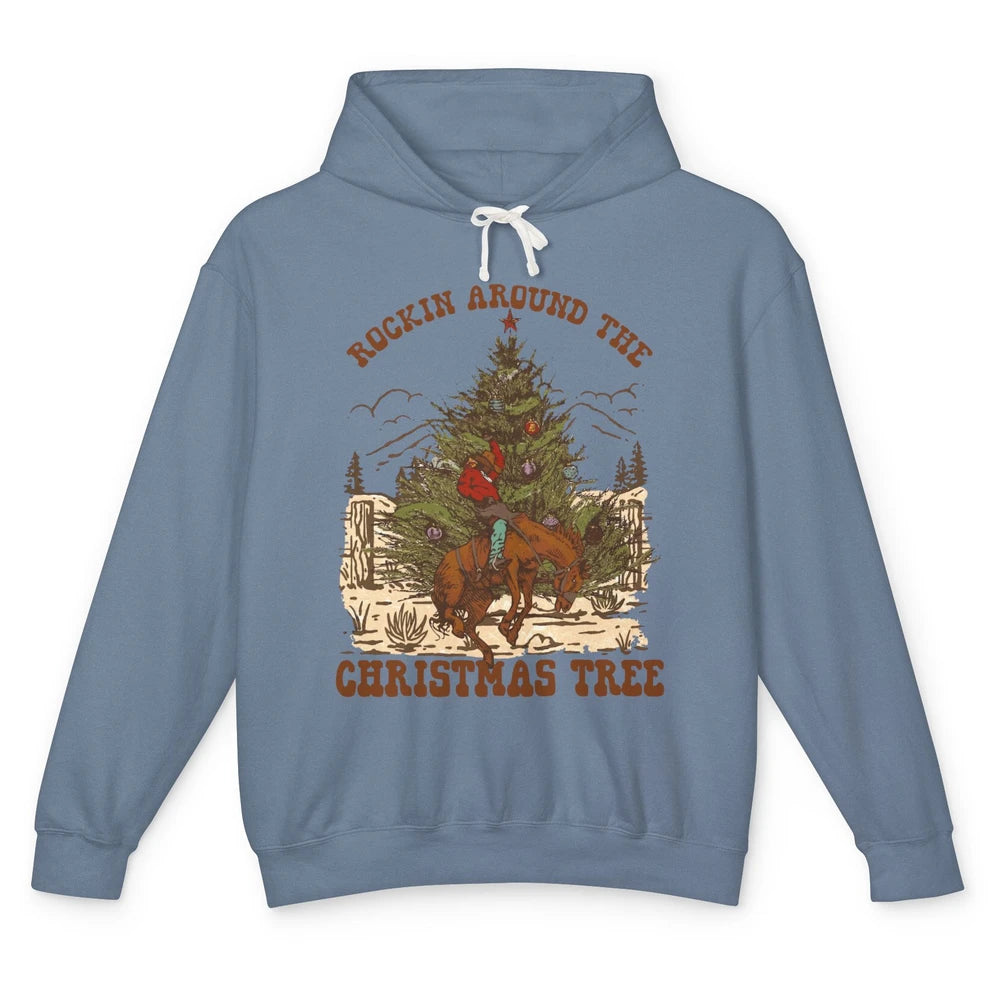 Funny Cowboy Horsing Rocking Around Christmas Tree Western Unisex Lightweight Hoodie