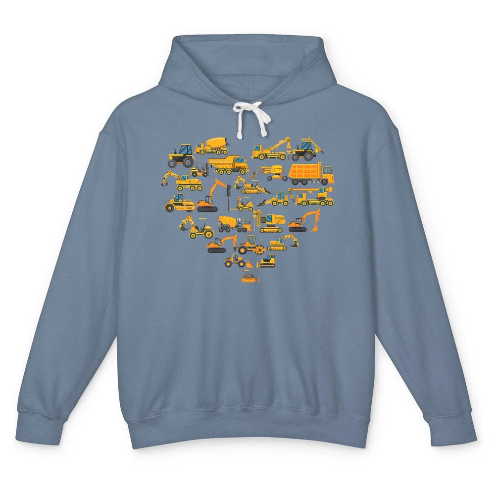 Types Of Construction Excavator Bulldozer Truck Heart Love Unisex Lightweight Hoodie