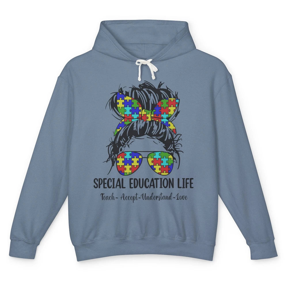 Special Education Teacher Messy Bun Autism Teach Accept Love Unisex Lightweight Hoodie