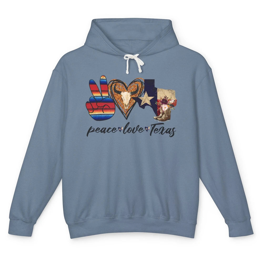 Retro Peace Love Texas Cowboy Boots Western Country Cowgirl Unisex Lightweight Hoodie