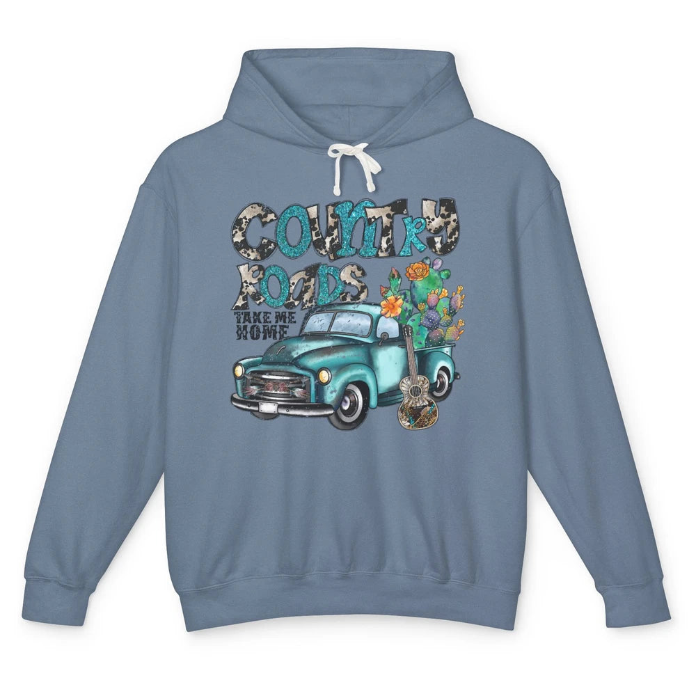 Cowhide Cactus Truck Country Roads Take Me Home Western Girl Unisex Lightweight Hoodie