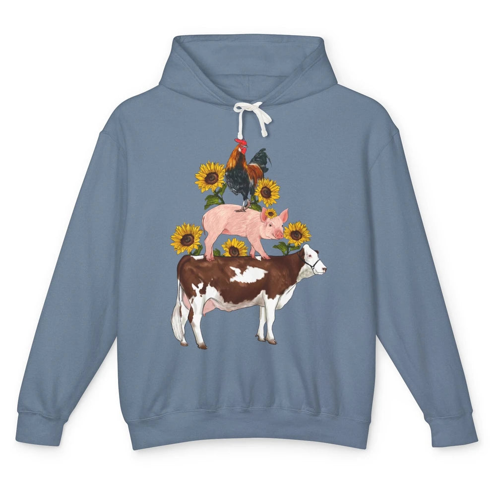 Sunflower Western Farm Life Animals Vegan Cow Pig Rooster Unisex Lightweight Hoodie