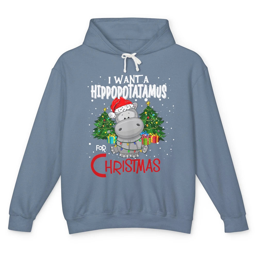 Funny I Want A Hippopotamus For Christmas Tree Hippo Santa Unisex Lightweight Hoodie