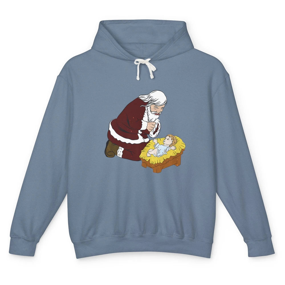 Merry Christmas Kneeling Santa Claus With Baby Jesus Xmas Unisex Lightweight Hoodie