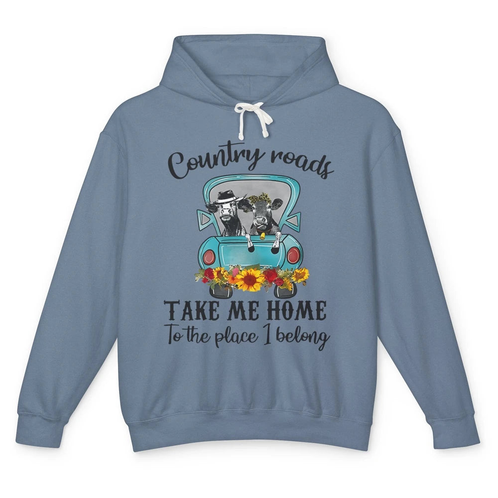 Funny Cow Sunflower Truck Country Roads Western Country Farm Unisex Lightweight Hoodie