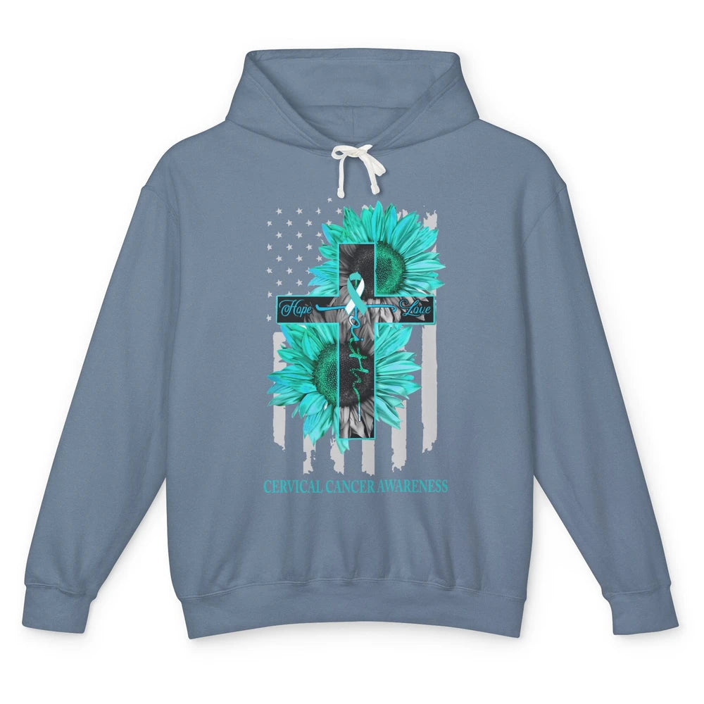 Cervical Cancer Faith Hope Turquoise US Flag Jesus Cross Unisex Lightweight Hoodie