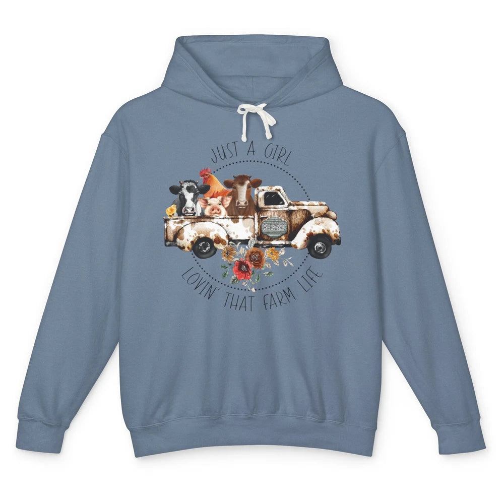 Retro Truck Just A Girl Loving That Farm Life Farm Animals Unisex Lightweight Hoodie