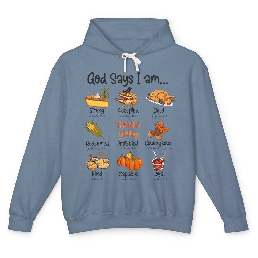 Retro Thanksgiving Turkey God Says I Am Bible Christian Fall Unisex Lightweight Hoodie