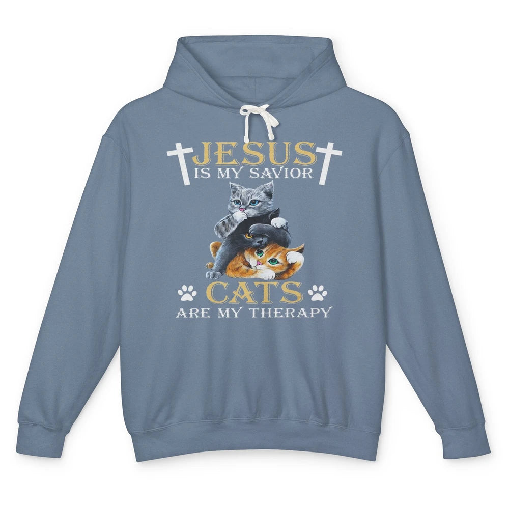 Jesus Is Savior Cats Are My Therapy Christian Cat Religious Unisex Lightweight Hoodie