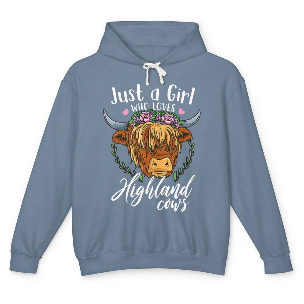 Vintage Just Girl Loves Highland Cow Floral Western Animal Unisex Lightweight Hoodie