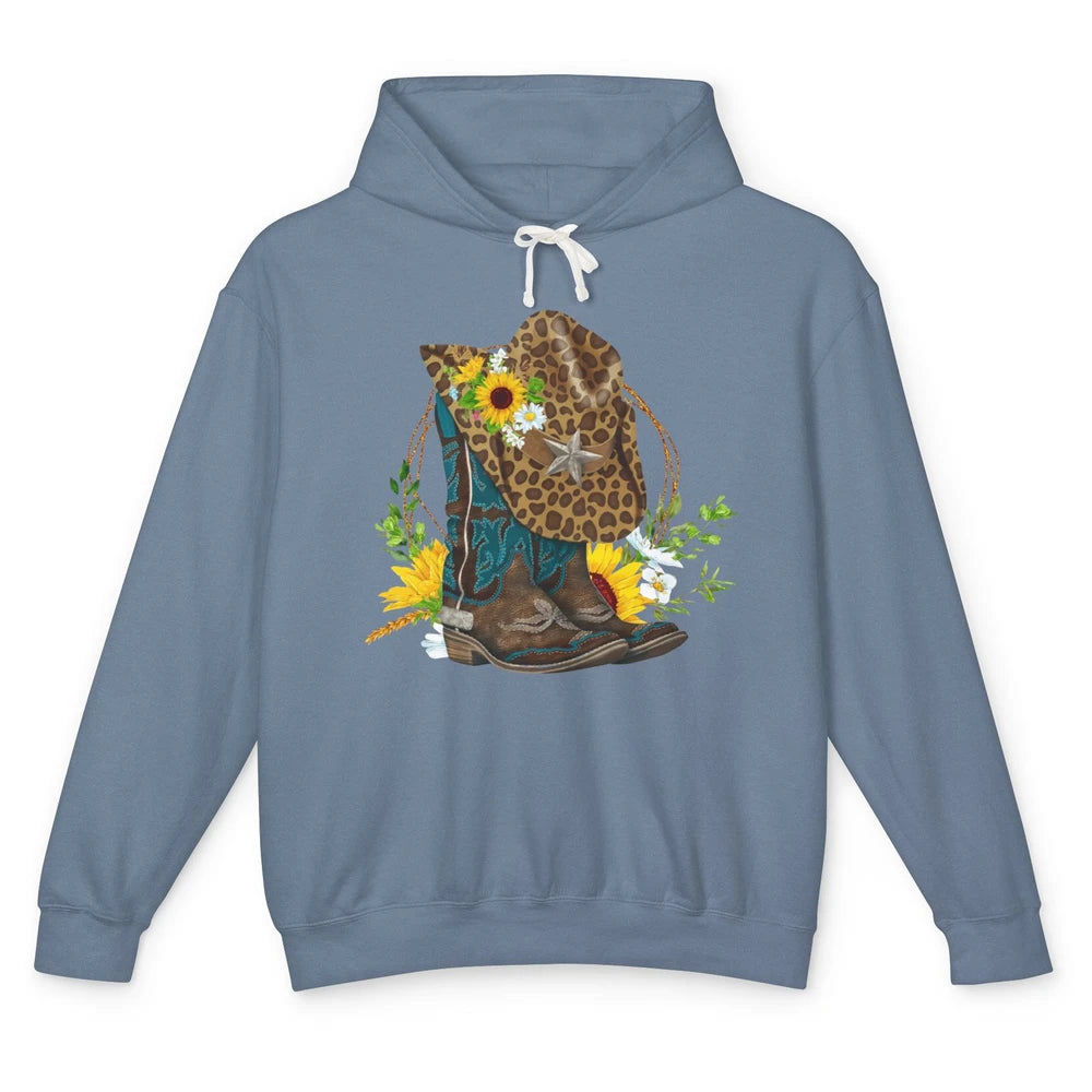 Western Floral Cowboy Boots Hat Leopard Flower Texas Vintage Unisex Lightweight Hoodie