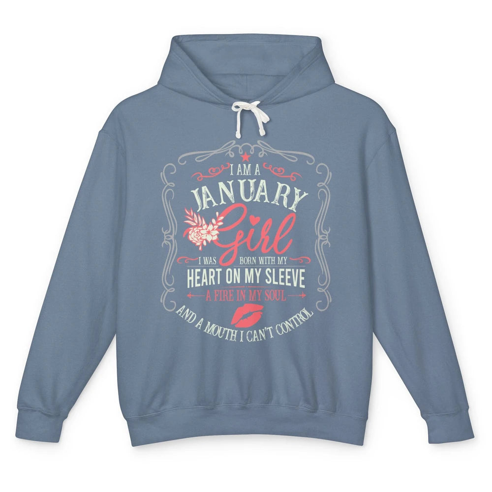 Retro January Girl Born With My Heart On My Sleeve Birthday Unisex Lightweight Hoodie