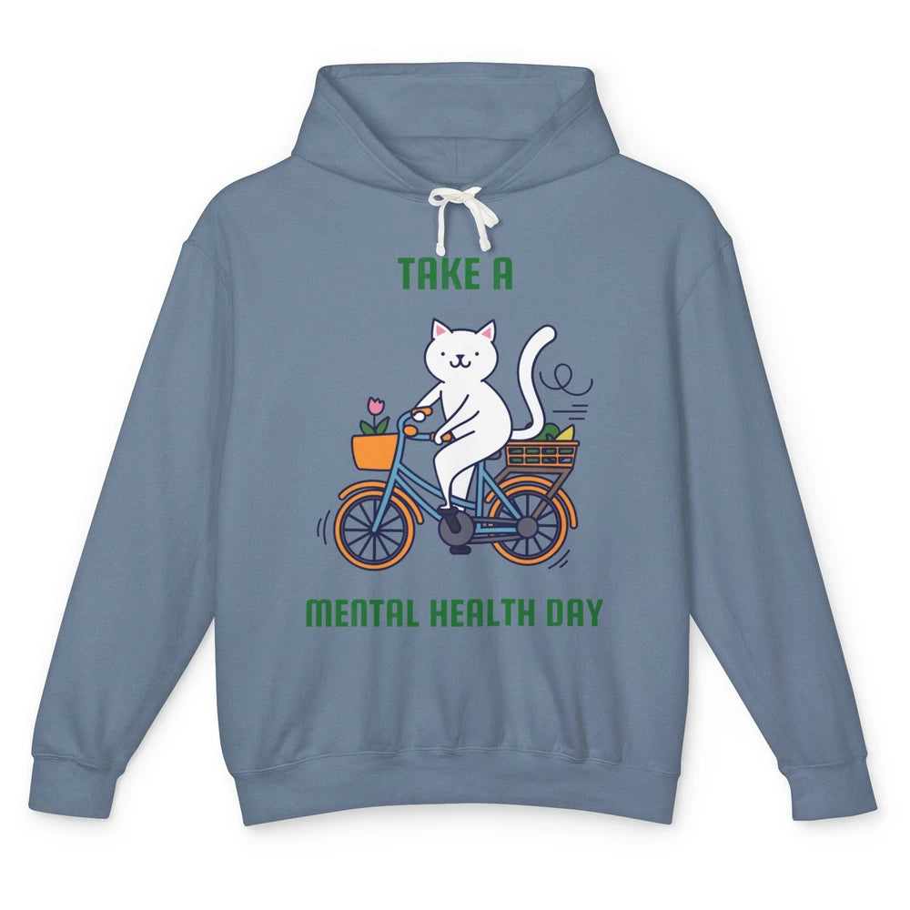 Take A Mental Health Day Cute Cat Bike Positive Therapist Unisex Lightweight Hoodie