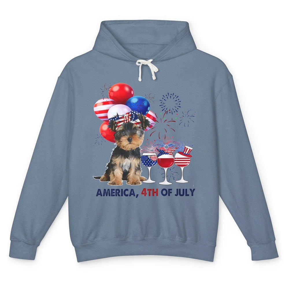 Yorkshire Terrier Wine 4th Of July Firework Celebrate Yorkie Unisex Lightweight Hoodie