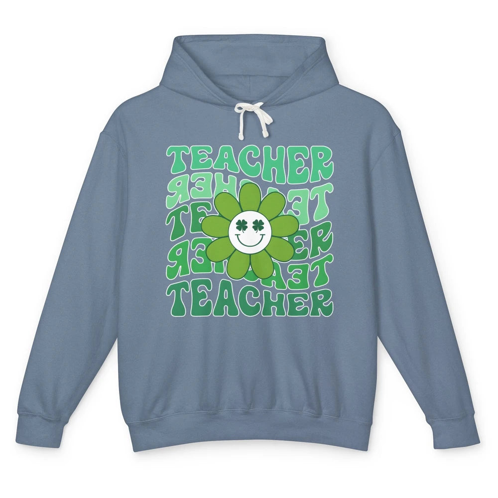 Retro Groovy Wavy Teacher Smiling Face Daisy St Patricks Day Unisex Lightweight Hoodie