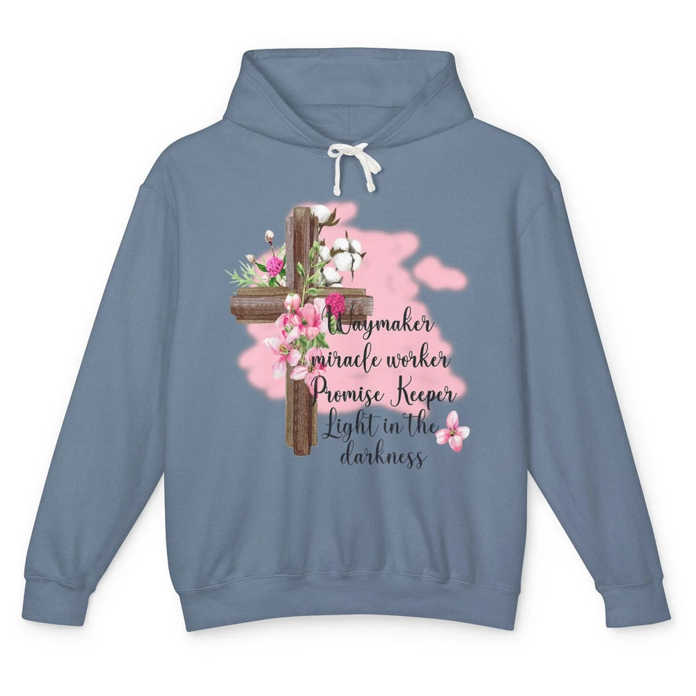 Jesus Floral Cross Waymaker Miracle Worker Faith Christian Unisex Lightweight Hoodie