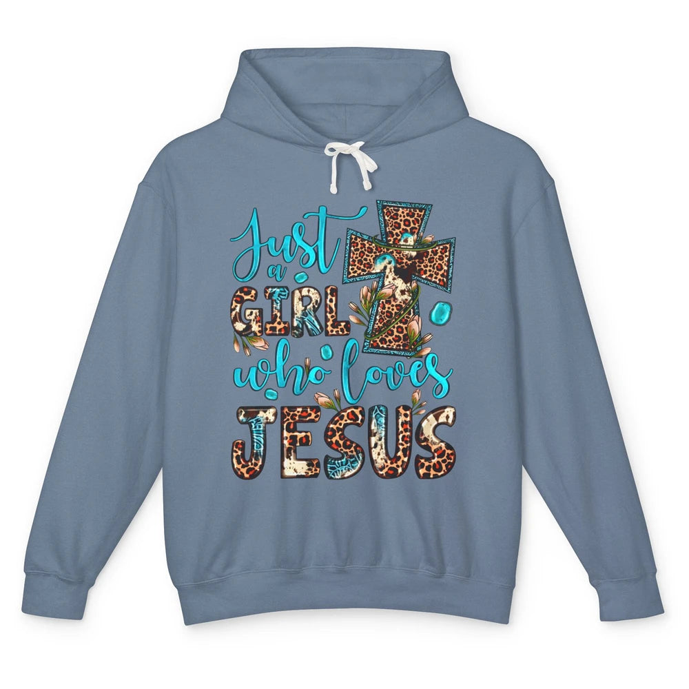 Leopard Cross Just A Girl Who Loves Jesus Christian Western Unisex Lightweight Hoodie