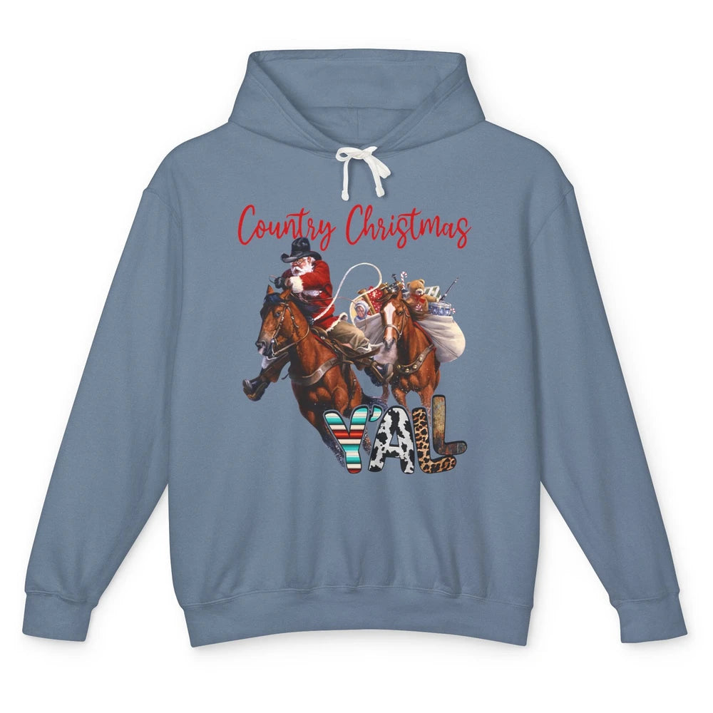 Santa Claus Country Christmas Y'all Western Country Cowboy Unisex Lightweight Hoodie