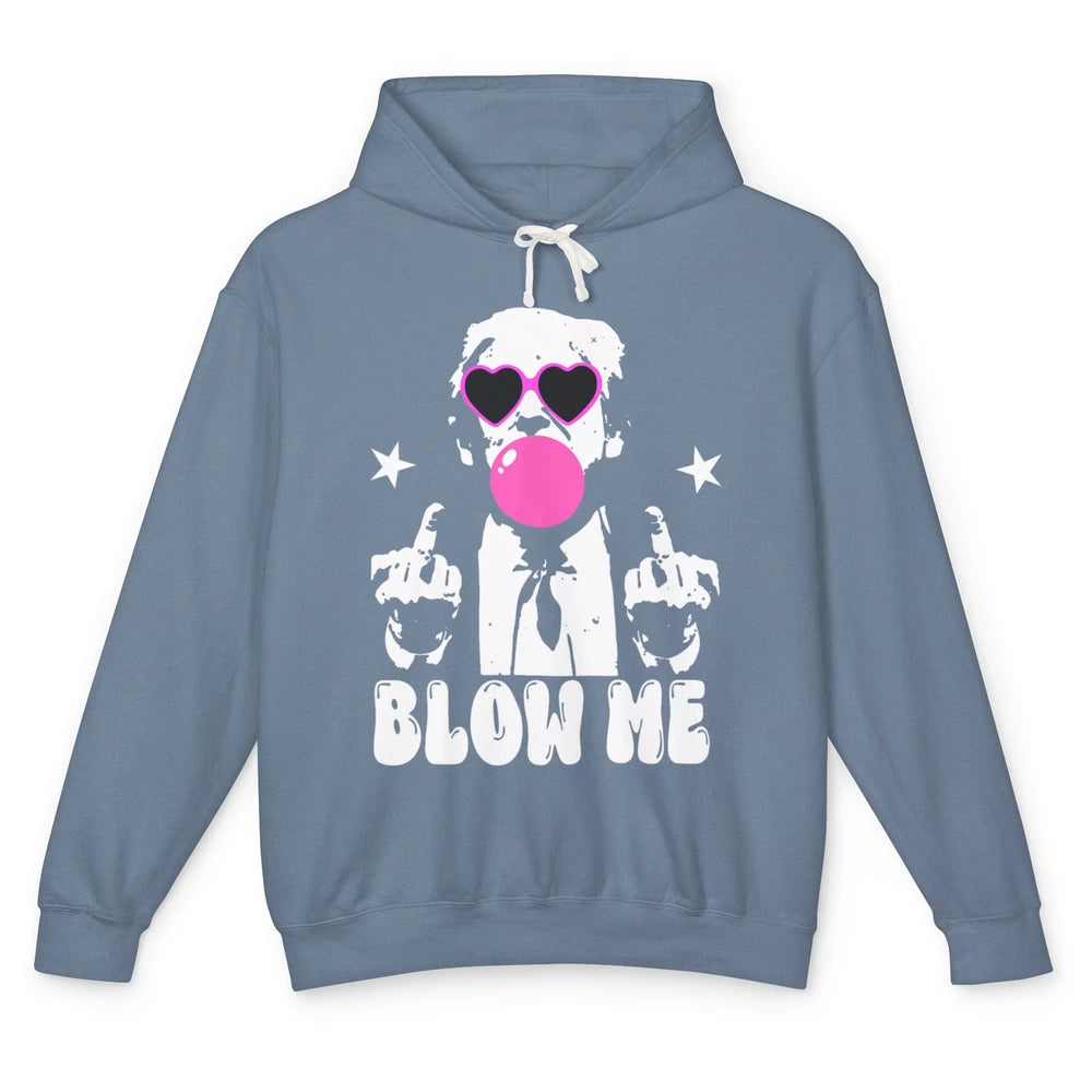 Blow Me Funny Donald Trump Pink Bubble Gum Sarcastic Hand Sign President Heart Sunglasses Chewing Gum Unisex Lightweight Hoodie