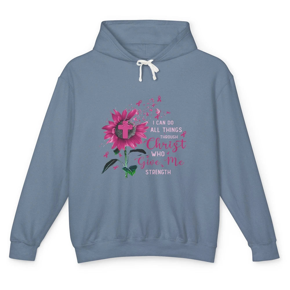 Breast Cancer Month Sunflower God Strength Cross Pink Ribbon Unisex Lightweight Hoodie