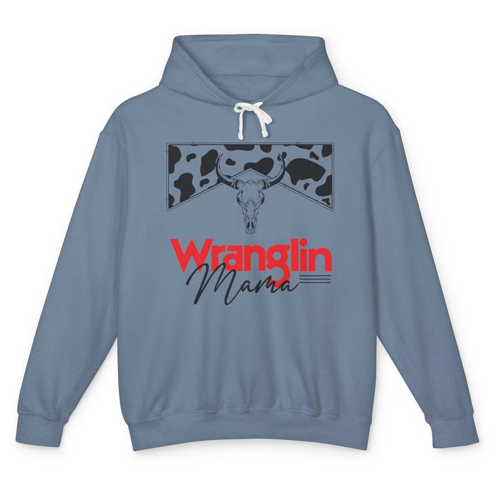 Retro Cowhide Bull Skull Wrangling Mama Western Country Girl Unisex Lightweight Hoodie