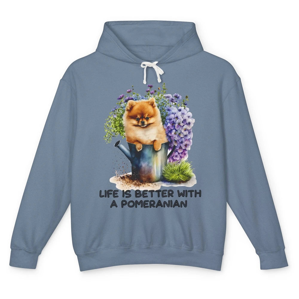 Cute Pomeranian Puppy Flowers Life Is Better With Pomeranian Unisex Lightweight Hoodie