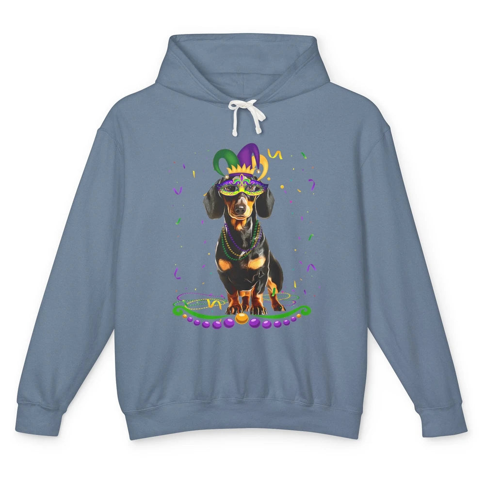 Mardi Gras Dachshund Wearing Carnival Mask Festival Dog Mom Unisex Lightweight Hoodie