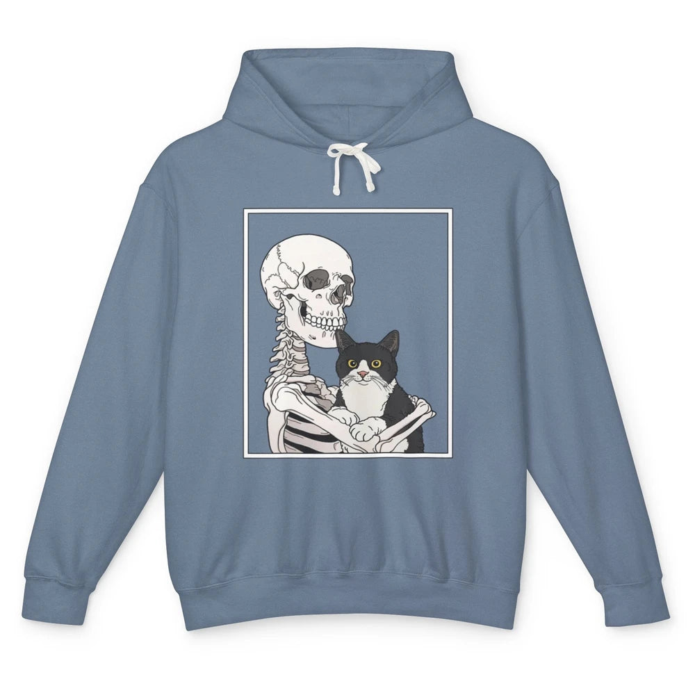 Skeleton Holding A Cat Lazy Halloween Costume Skull Kitten Unisex Lightweight Hoodie