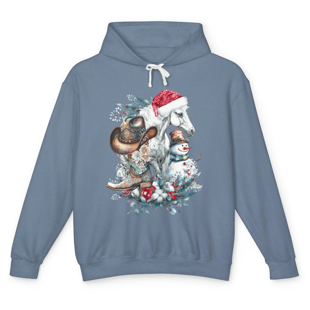 Merry Christmas Horse Santa Hat Cowgirl Cowboy Boots Xmas Unisex Lightweight Hoodie