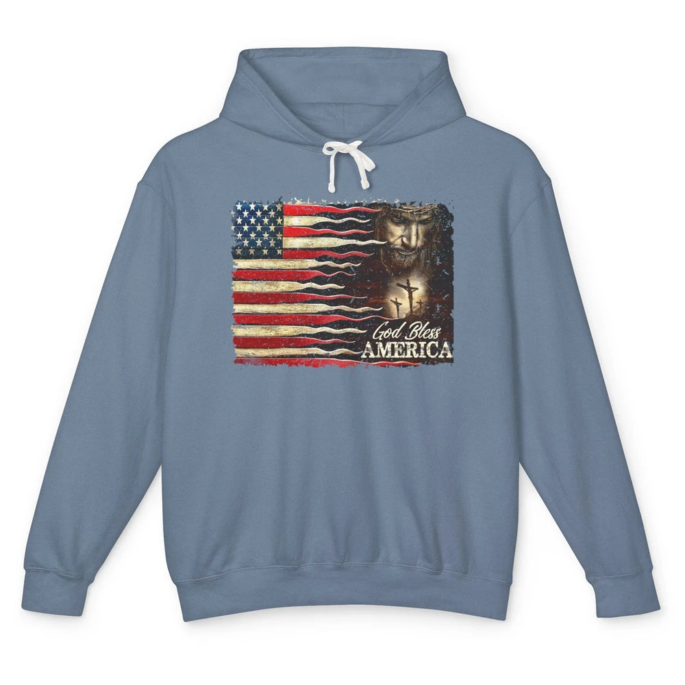 Retro US Flag Jesus Cross God Bless America Patriot July 4th Unisex Lightweight Hoodie