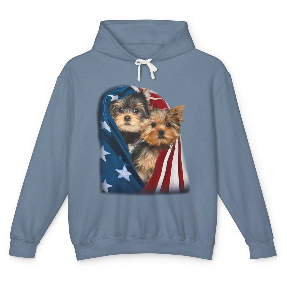 Yorkshire Terrier US Flag July 4th Patriotic Yorkie Puppies Unisex Lightweight Hoodie