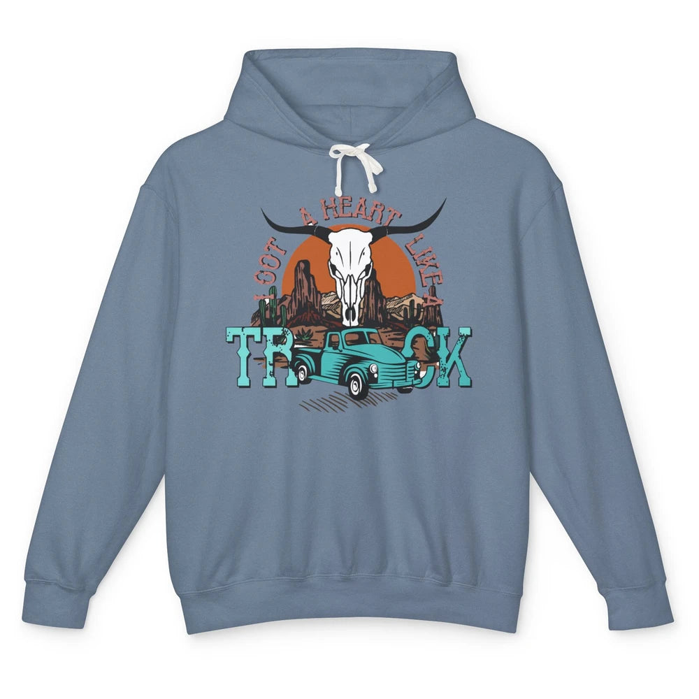 Boho Bull Skull I Got A Heart Like A Truck Western Country Unisex Lightweight Hoodie