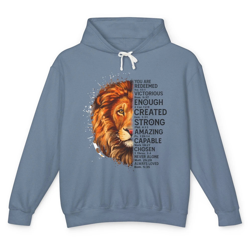 Lion Face You Are Redeemed Bible Verse Christian Faith Unisex Lightweight Hoodie