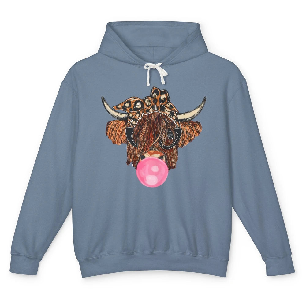 Highland Cow Leopard Bandana Glasses Bubble Gum Western Gift Unisex Lightweight Hoodie