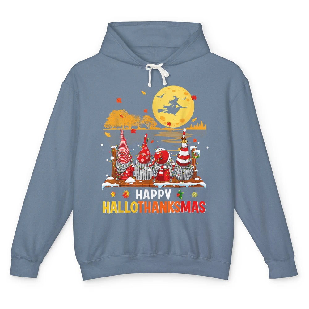 Merry Christmas Gnomes Happy Halloween Witch Xmas Lights Unisex Lightweight Hoodie