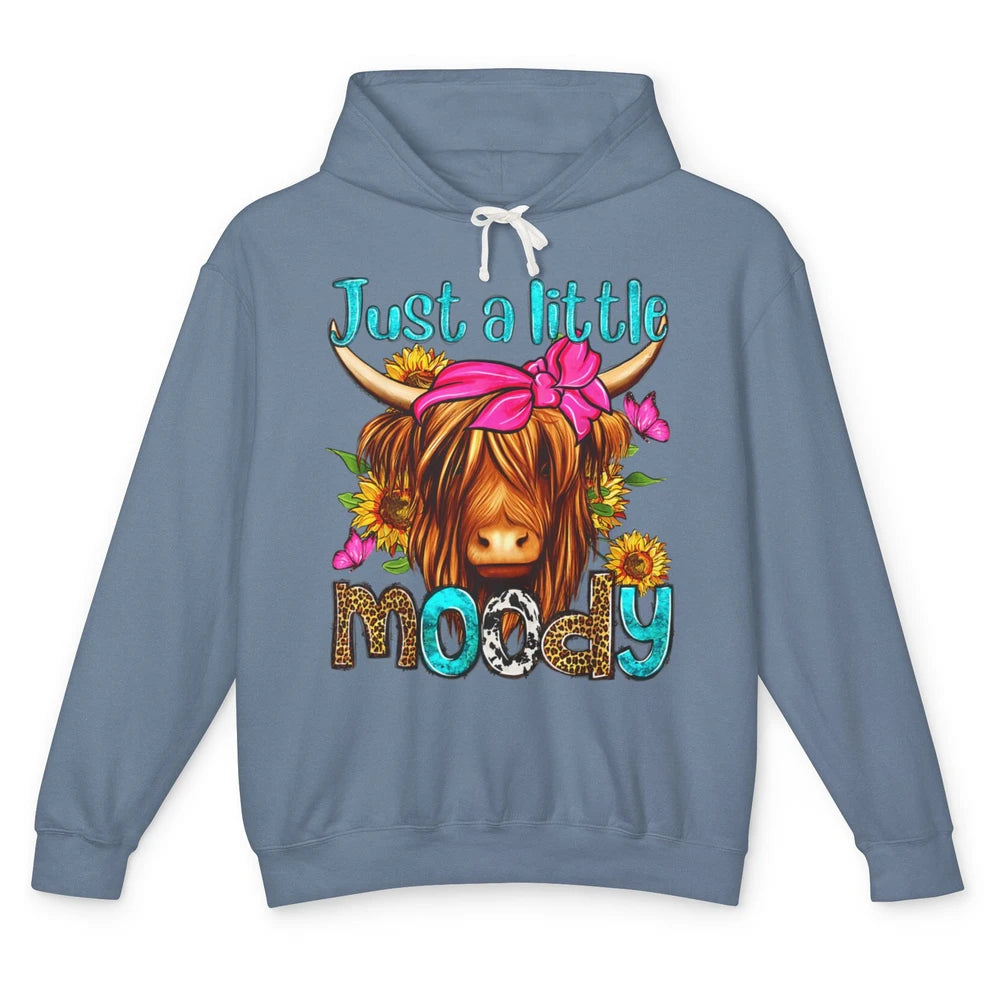 Just Little Moody Cute Western Highland Cow Heifer Sunflower Unisex Lightweight Hoodie