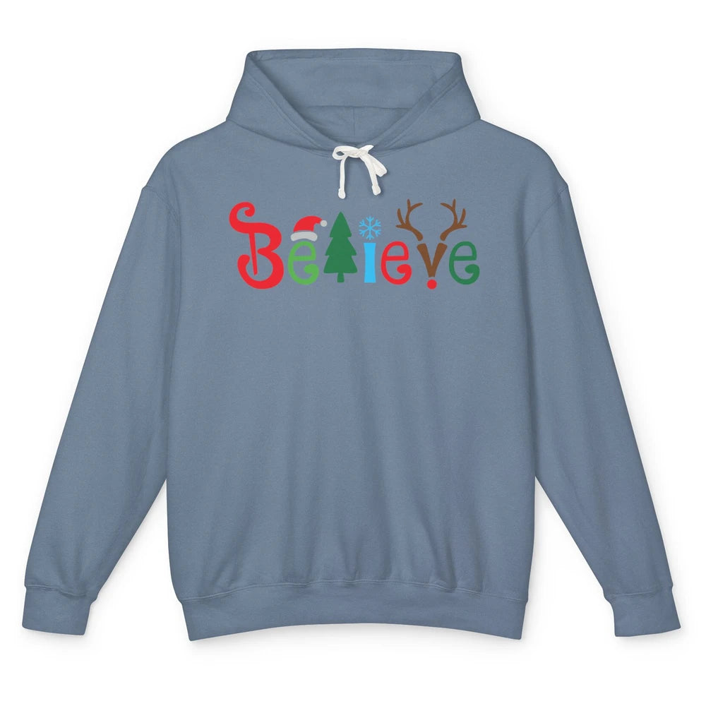 Funny Santa Claus Hat Believe Snowflakes Christmas Costume Unisex Lightweight Hoodie