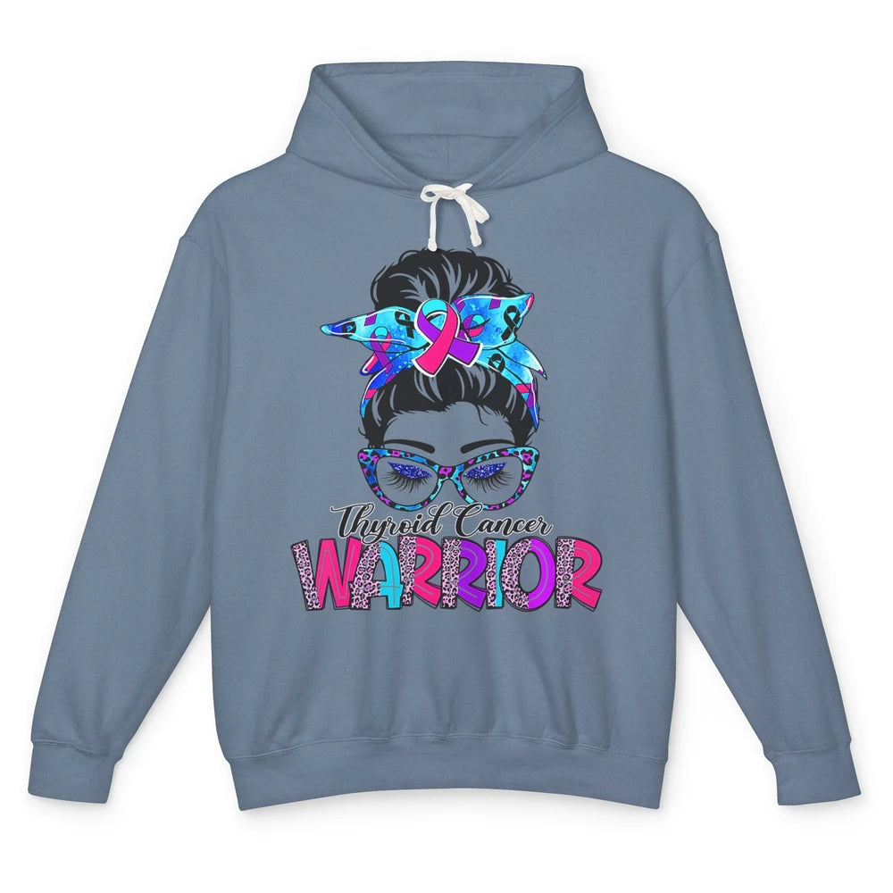 Messy Hair Bun Leopard Warrior Mom Thyroid Cancer Awareness Unisex Lightweight Hoodie