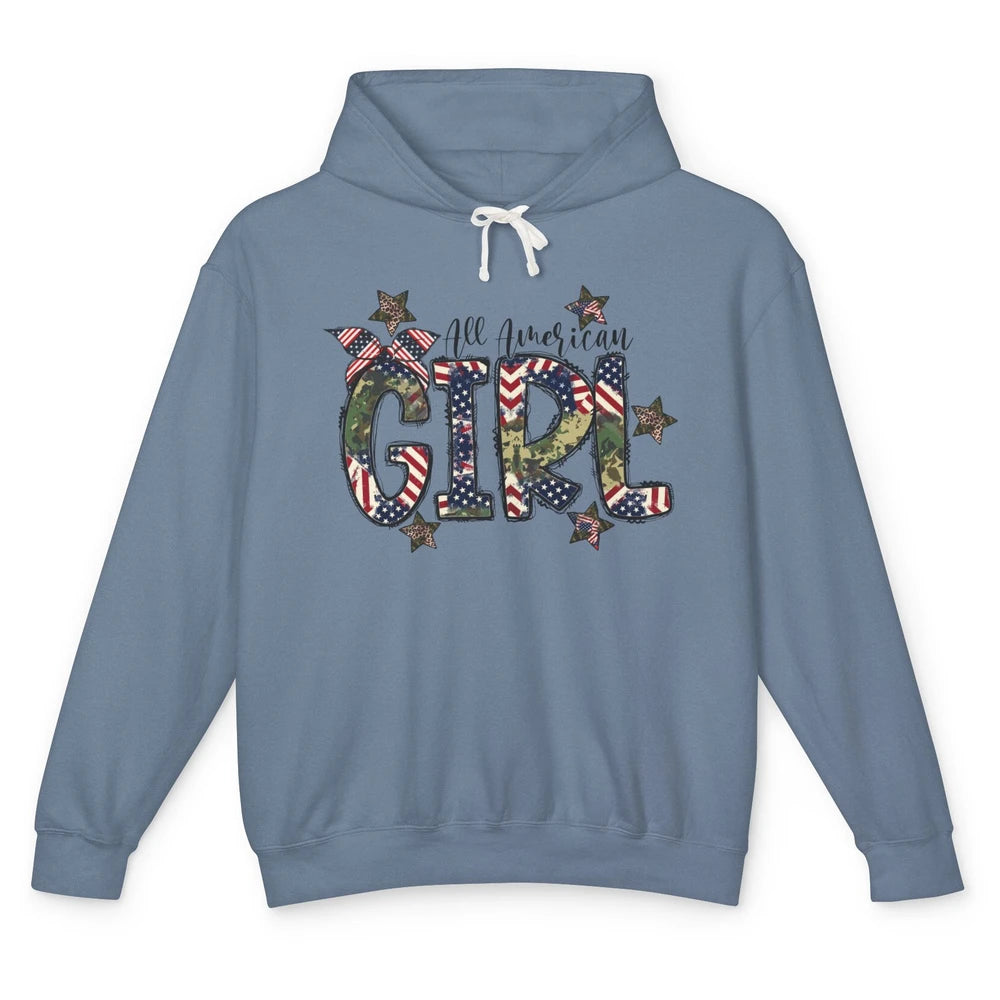 All American Girl American Flag Patriotic Military 4th July Unisex Lightweight Hoodie