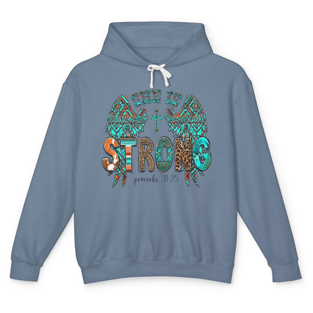 Leopard Turquoise Jesus Cross She Is Strong Bible Christian Unisex Lightweight Hoodie