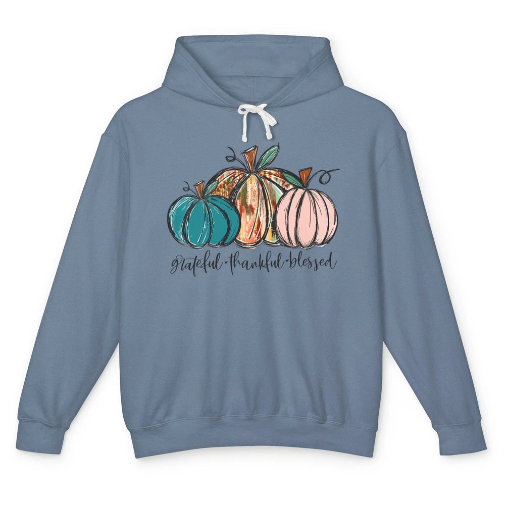 Grateful Thankful Blessed Doodle Pumpkin Fall Thanksgiving Unisex Lightweight Hoodie