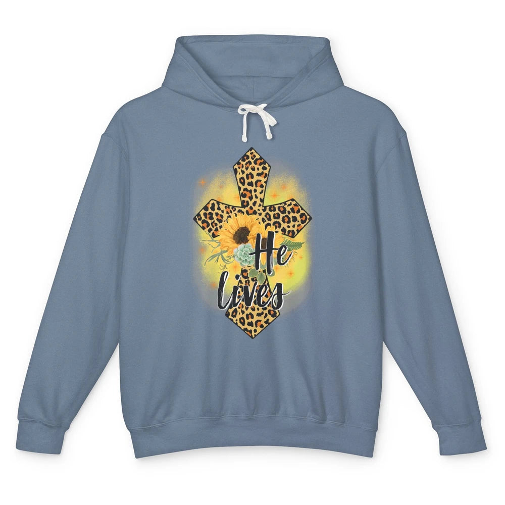 He Lives Sunflowers Faith Cross Christian Bible Religious Unisex Lightweight Hoodie